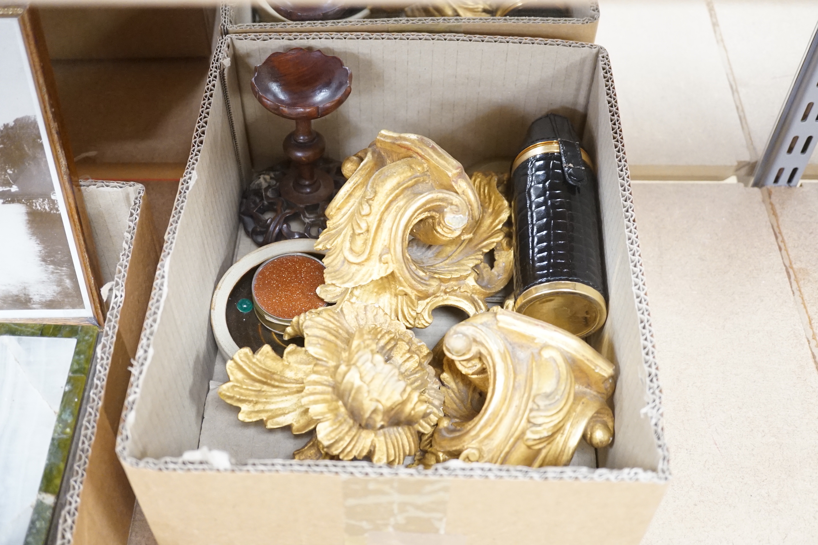A collection of various collectables to include a George V silver mounted onyx cigarette box, a pair of gilt carved wall brackets, boxes etc.